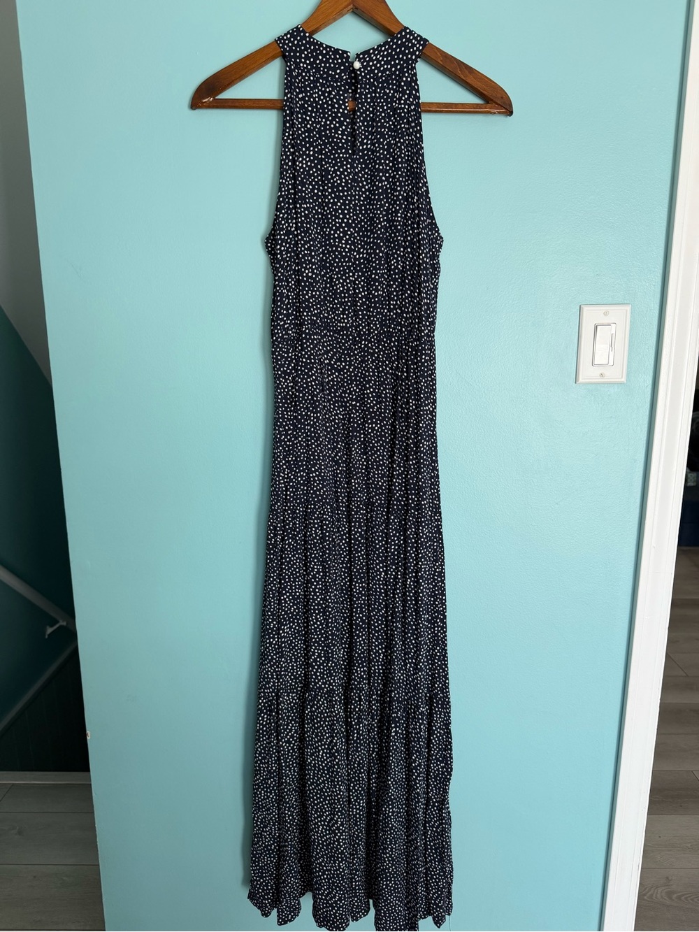 SHEIN Navy Polka Dot Maxi Dress Size L Sleeveless Tiered Stretch Waist Boho - Picture 5 of 5